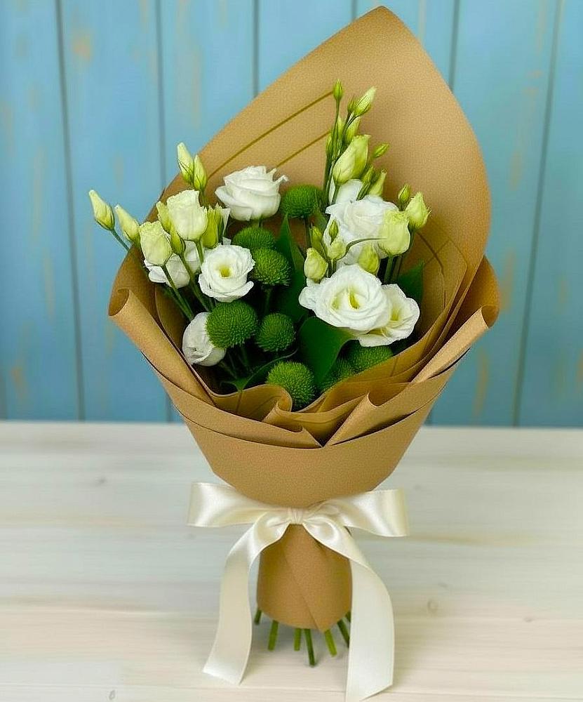 Букет цветов из: Хризантемы и Лизиантусы в Горьковском