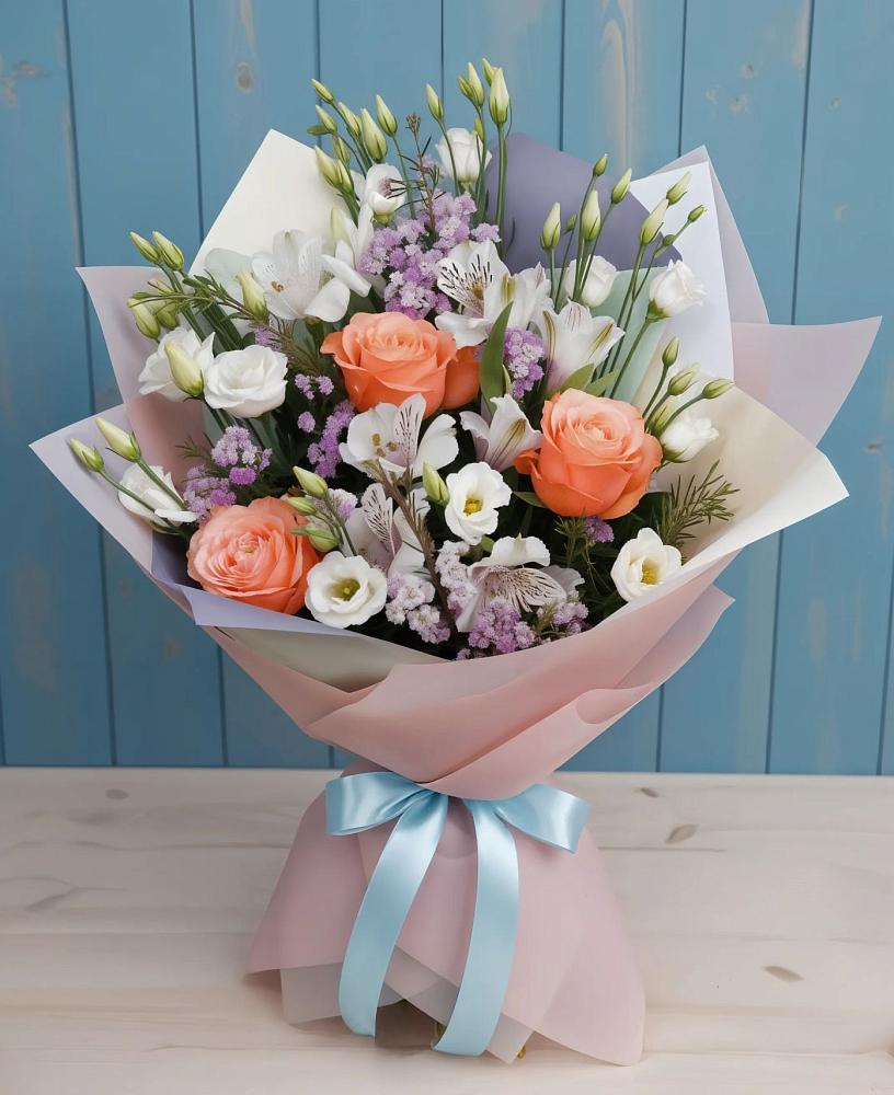 Букет цветов из: Лизиантусы, Розы, Альстромерии и Гипсофила в Горьковском