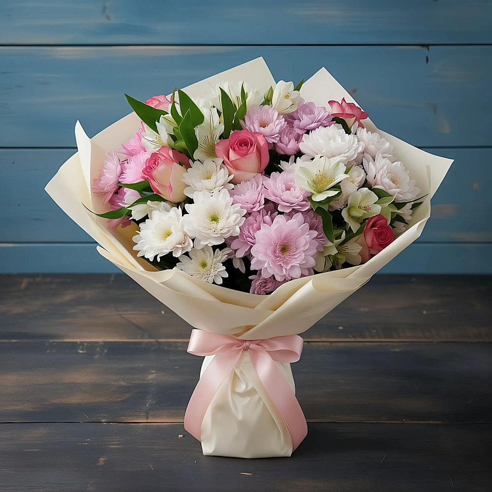 Букет цветов из: Хризантемы, Альстромерии и Розы в Горьковском